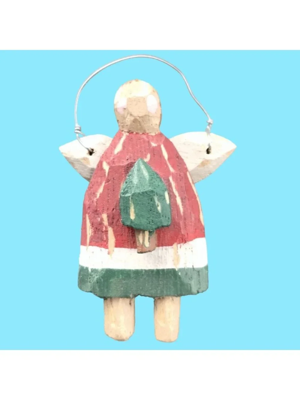 Christmas Angel Pin Brooch Handcrafted Primitive Rustic Wood Vintage Signed IS